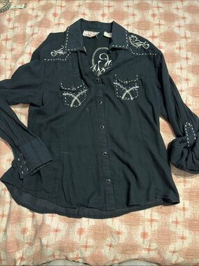 Black Embroidered Cotton Button-Up Shirt by Panhandle